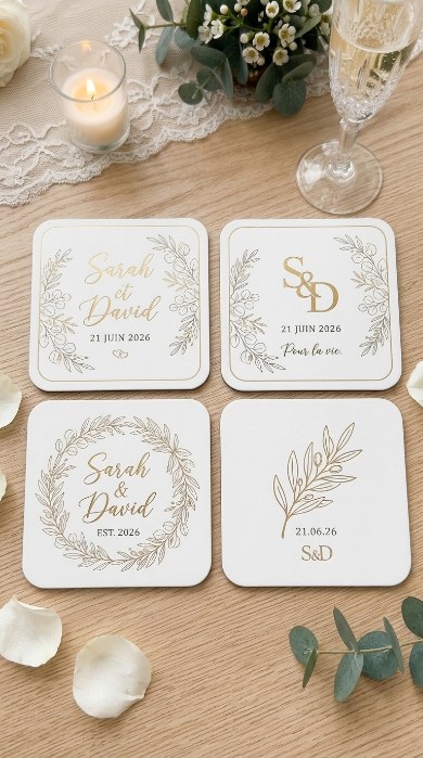 Différents styles de sous-verres mariage disponibles