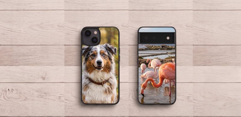 Coque chien et flamants roses