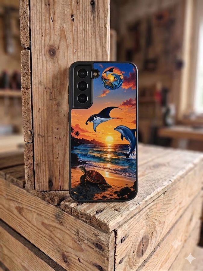 Coque tortue et dauphins au coucher de soleil